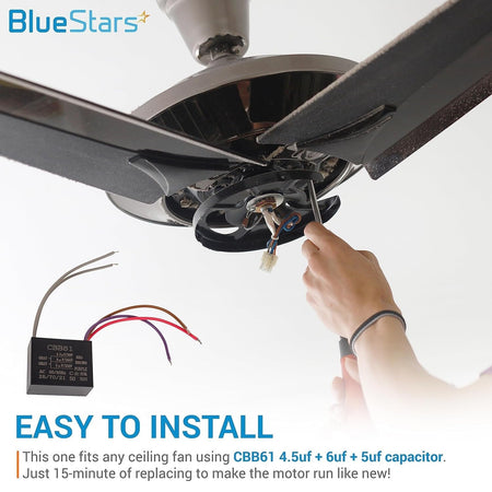 Hand installing a CBB61 5-wire ceiling fan capacitor into a fan motor housing.
