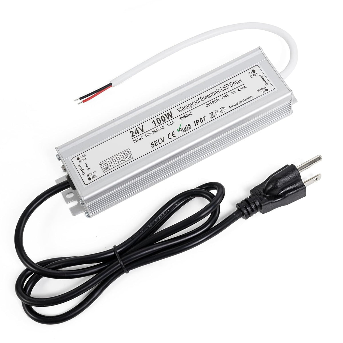 100W 24V waterproof LED power supply driver with US standard 3-prong plug and output wires.