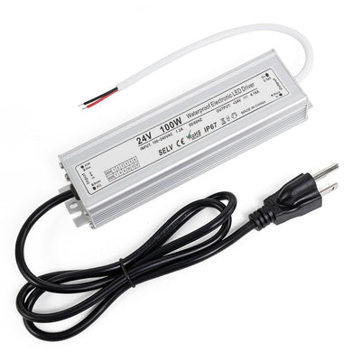 100W 24V waterproof LED power supply driver with US standard 3-prong plug and output wires.