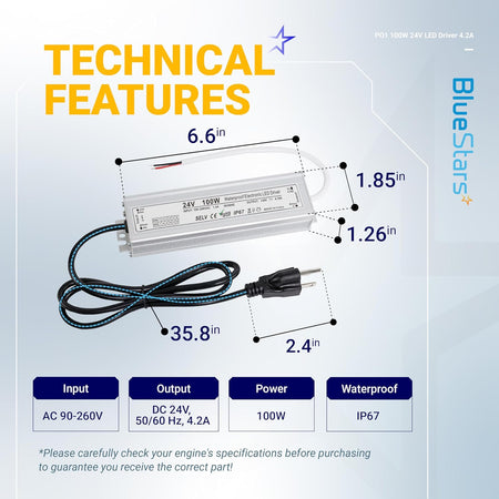 Technical diagram showing dimensions and specifications for 100W 24V LED power supply driver with 3-prong plug.