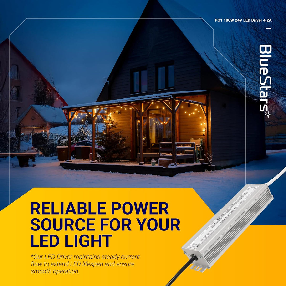 100W 24V LED power supply driver with outdoor lighting application background.