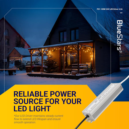 100W 24V LED power supply driver with outdoor lighting application background.