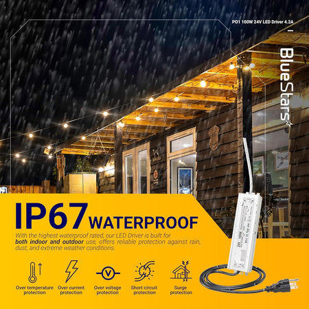 100W 24V waterproof LED power supply driver with US 3-prong plug for outdoor lighting applications.