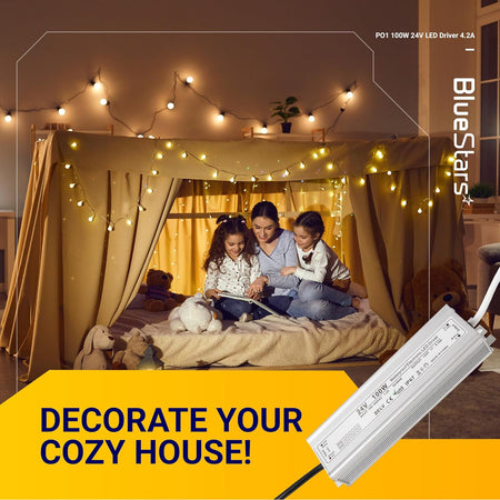 100W 24V LED power supply driver powering string lights in a cozy indoor tent setting.