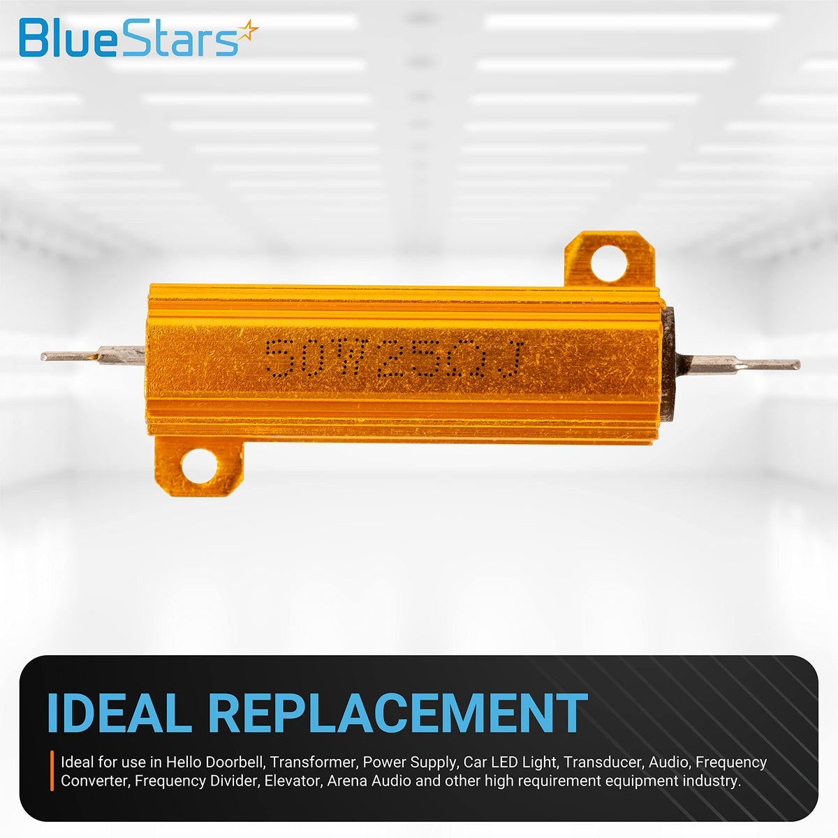Single 50W 25 ohm aluminum case wirewound resistor with mounting tabs for power supply and transducer applications.