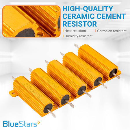 Five 50W 25 ohm aluminum case wirewound resistors arranged in a row.