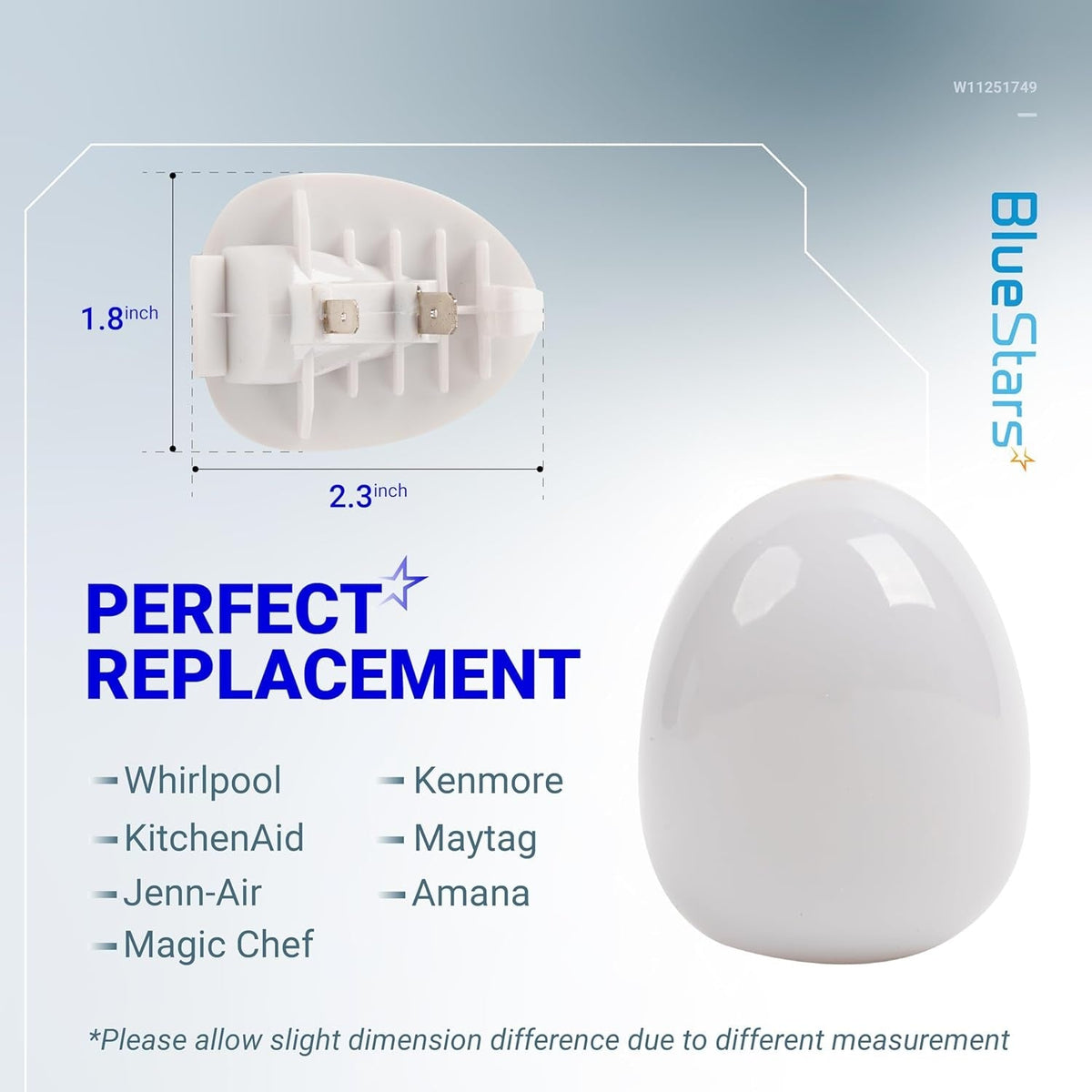 W11251749 refrigerator LED light bulb showing dimensions and compatibility for Whirlpool, Kenmore, and Amana refrigerators.