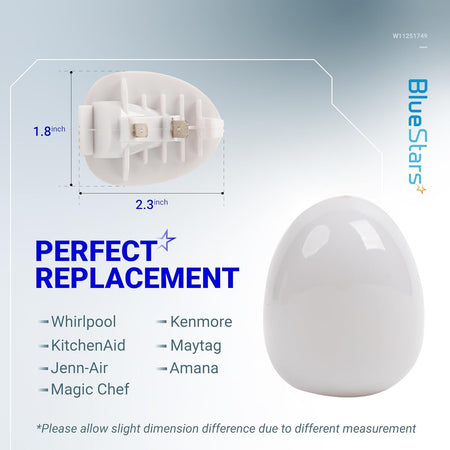 W11251749 refrigerator LED light bulb showing dimensions and compatibility for Whirlpool, Kenmore, and Amana refrigerators.