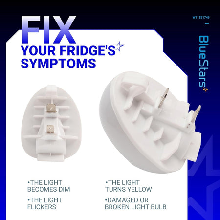 Two views of W11251749 refrigerator LED light bulb showing connector pins and troubleshooting symptoms.