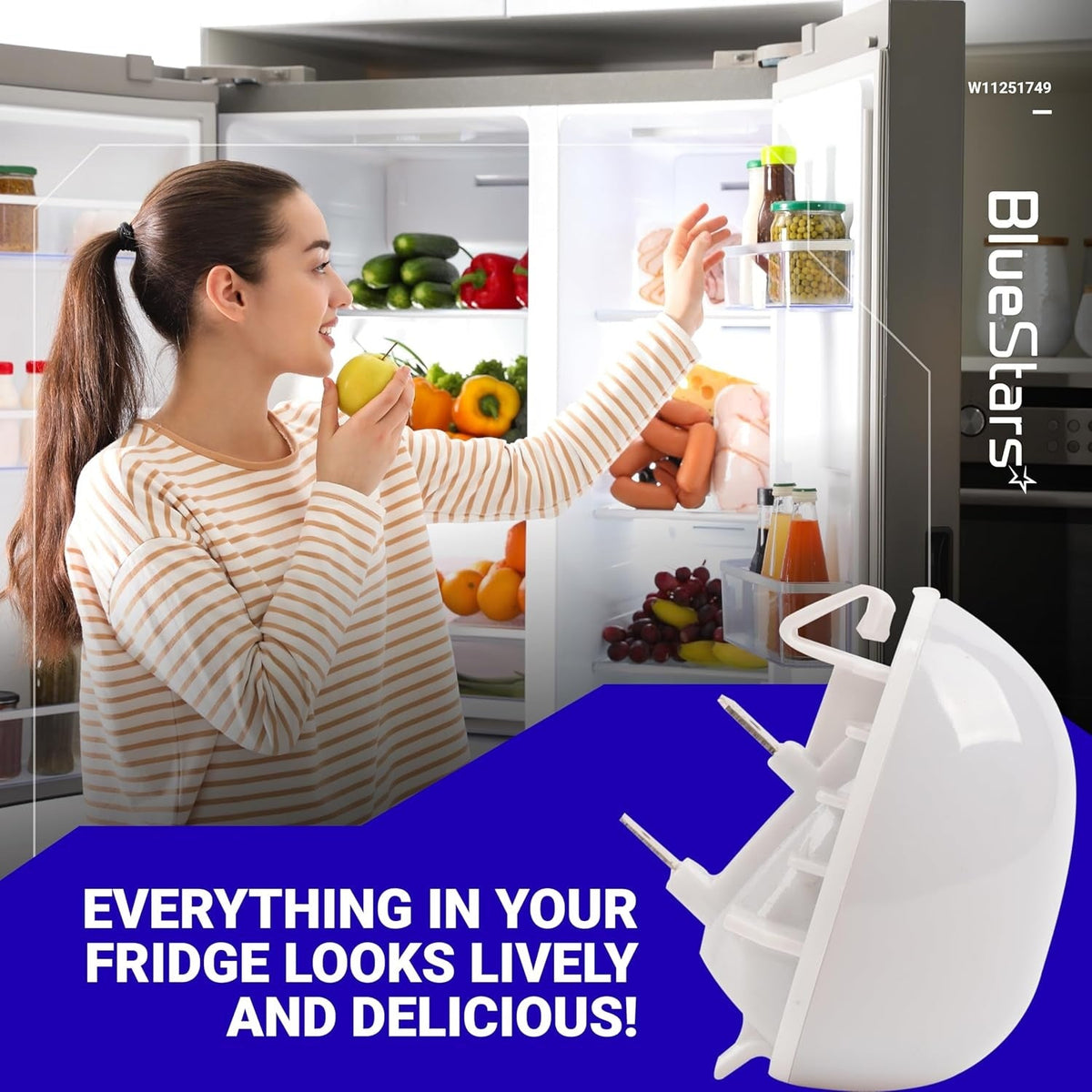 W11251749 refrigerator LED light bulb replacement for Whirlpool and Kenmore fridges shown in a lifestyle graphic.