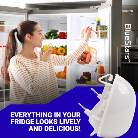 W11251749 refrigerator LED light bulb replacement for Whirlpool and Kenmore fridges shown in a lifestyle graphic.