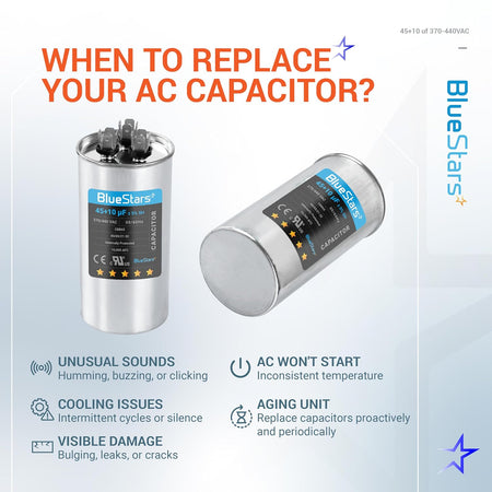 Infographic showing 45+10 uF round run start capacitor and signs indicating when to replace your HVAC AC capacitor.