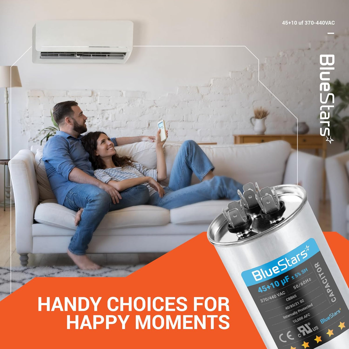 BlueStars 45+10 uF 370/440 VAC round run capacitor for HVAC air conditioner systems in a lifestyle marketing graphic.
