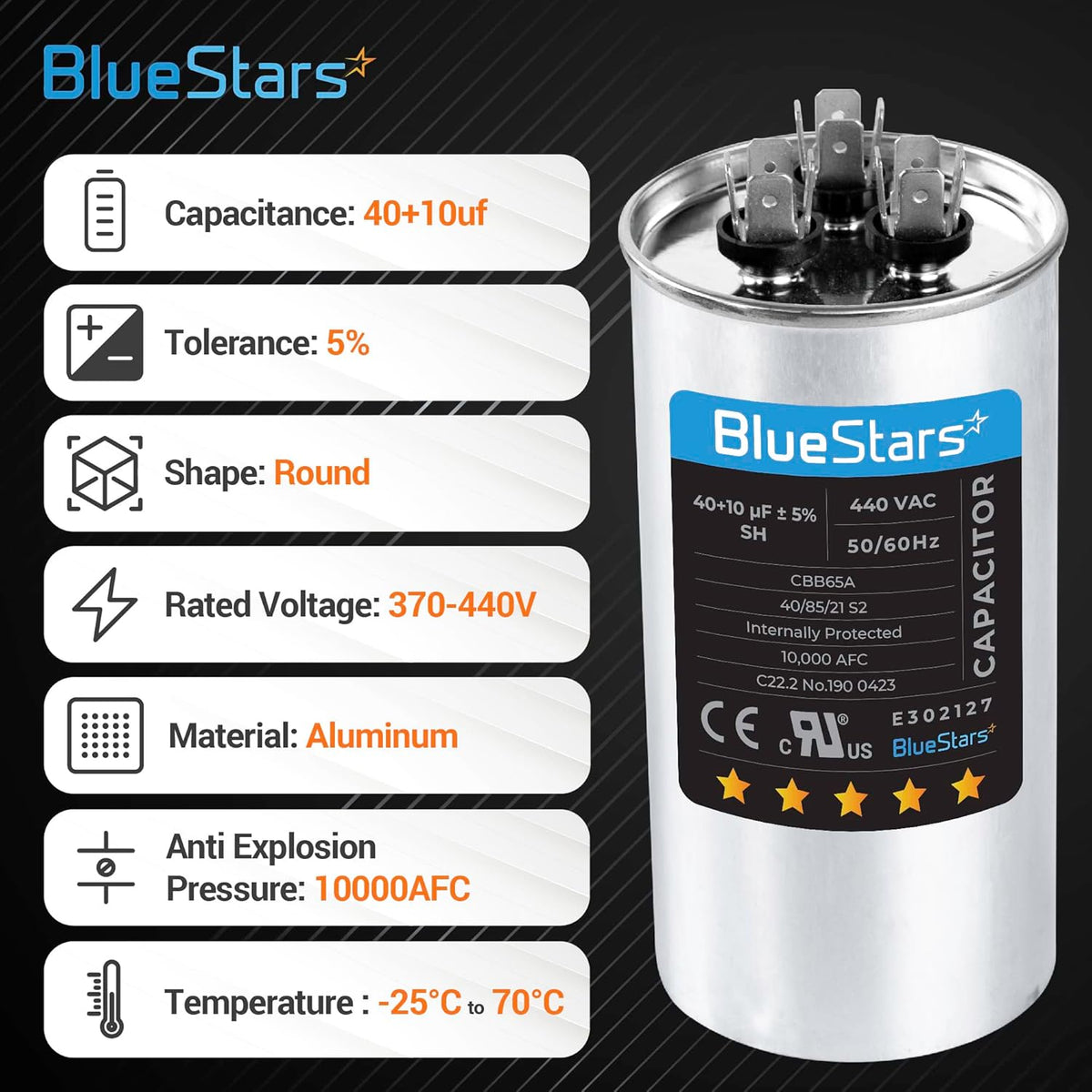 BlueStars 40+10 MFD round run capacitor with technical specifications infographic for HVAC systems.