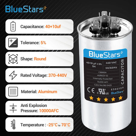 BlueStars 40+10 MFD round run capacitor with technical specifications infographic for HVAC systems.