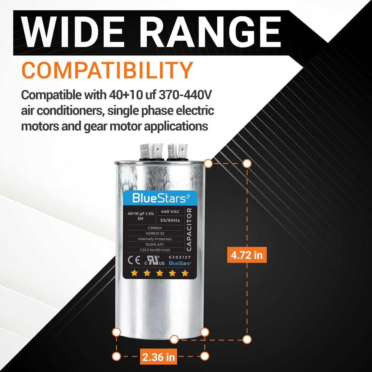 40+10 uF round run capacitor showing 4.72 inch height and 2.36 inch width dimensions for HVAC compatibility.