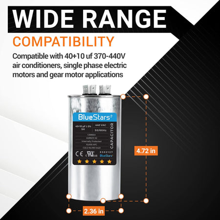 40+10 uF round run capacitor showing 4.72 inch height and 2.36 inch width dimensions for HVAC compatibility.