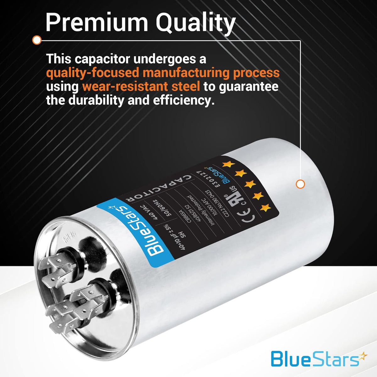 40+10 uF round run start capacitor for HVAC systems with label details and terminal view.