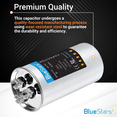 40+10 uF round run start capacitor for HVAC systems with label details and terminal view.