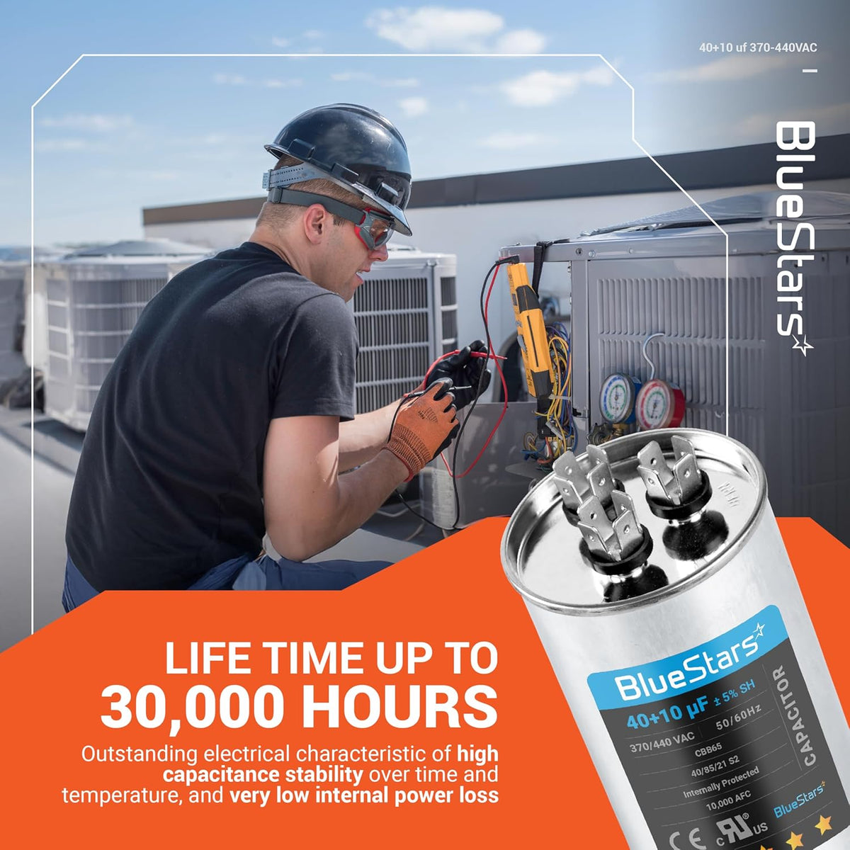 40+10 uF 370/440 VAC round run start capacitor for HVAC systems shown with a technician servicing an AC unit.