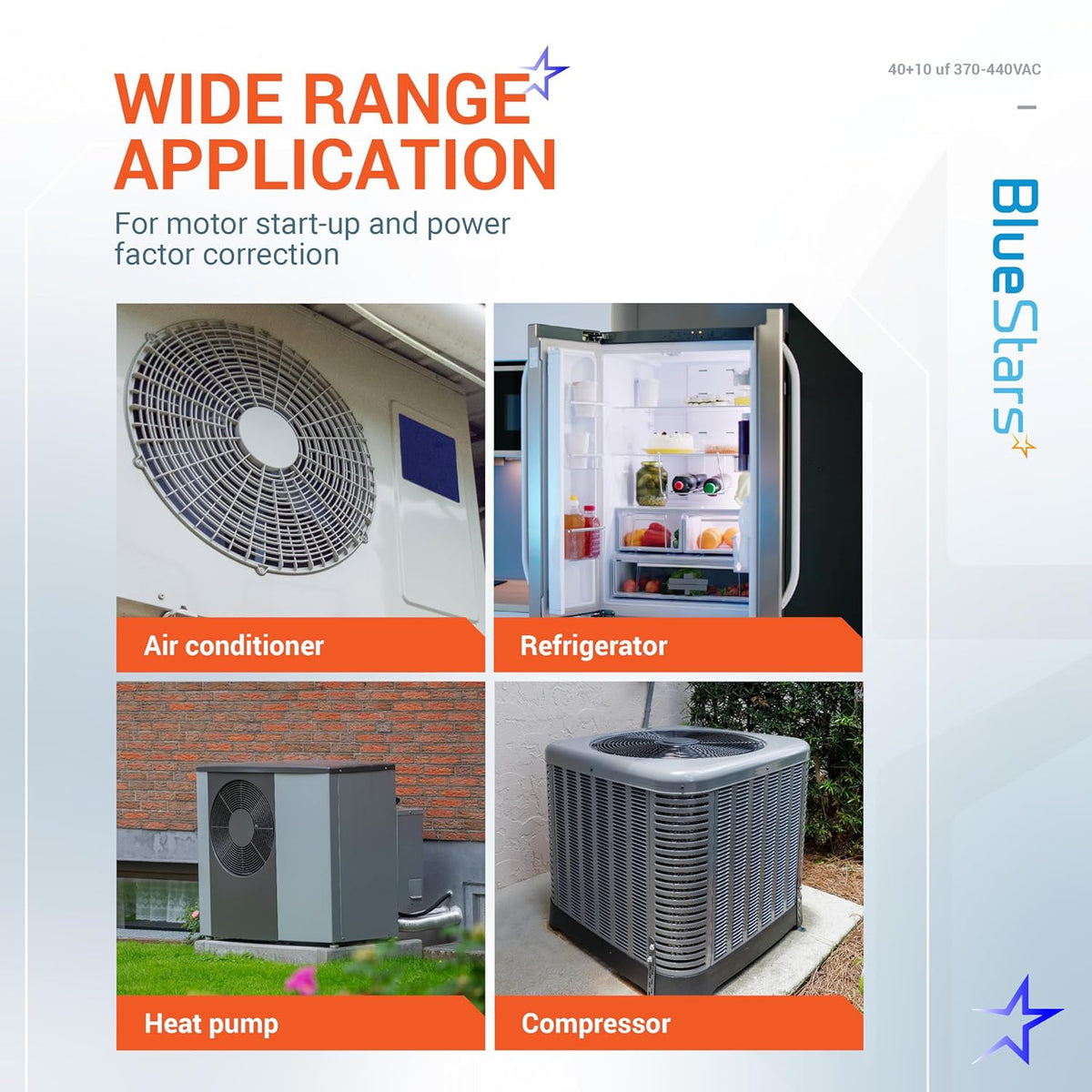 Infographic showing wide range applications for 40+10 uF run start capacitor in HVAC, refrigerators, and compressors.