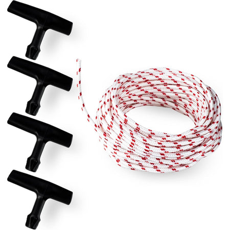 10-meter recoil starter rope with 3.0mm diameter and four black starter handles for small engines.