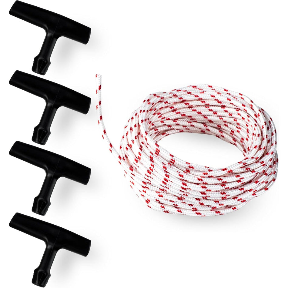 10-meter recoil starter rope with 3.0mm diameter and four black starter handles for small engines.