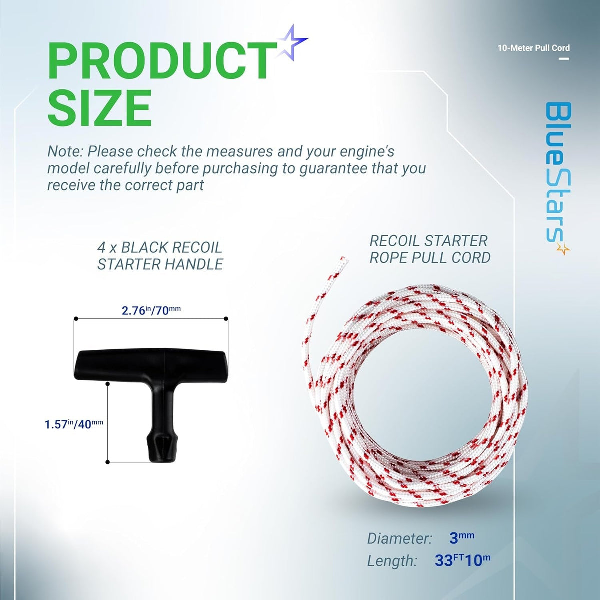 Size chart for 3.0mm recoil starter rope and pull handle with dimensions for lawn mower and chainsaw engines.