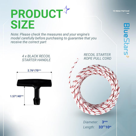 Size chart for 3.0mm recoil starter rope and pull handle with dimensions for lawn mower and chainsaw engines.