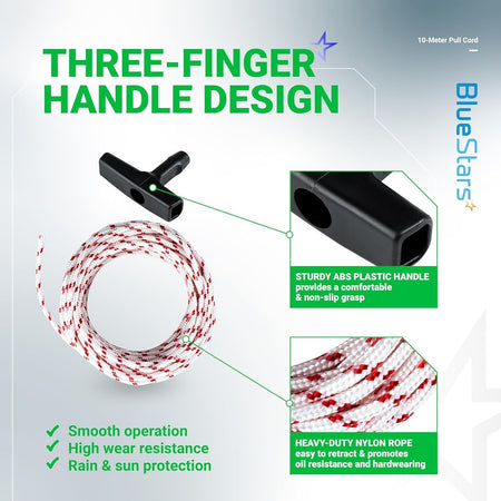 Infographic showing 3.0mm recoil starter rope and three-finger ABS plastic handle for lawn mowers and chainsaws.