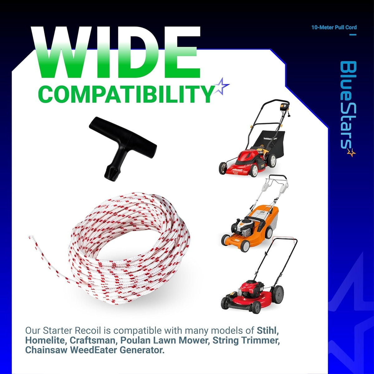 10-meter recoil starter rope and handle for lawn mowers, chainsaws, and trimmers.
