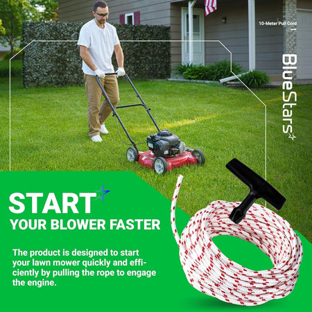 Man using a lawn mower with a 10-meter recoil starter rope and handle shown in the foreground.