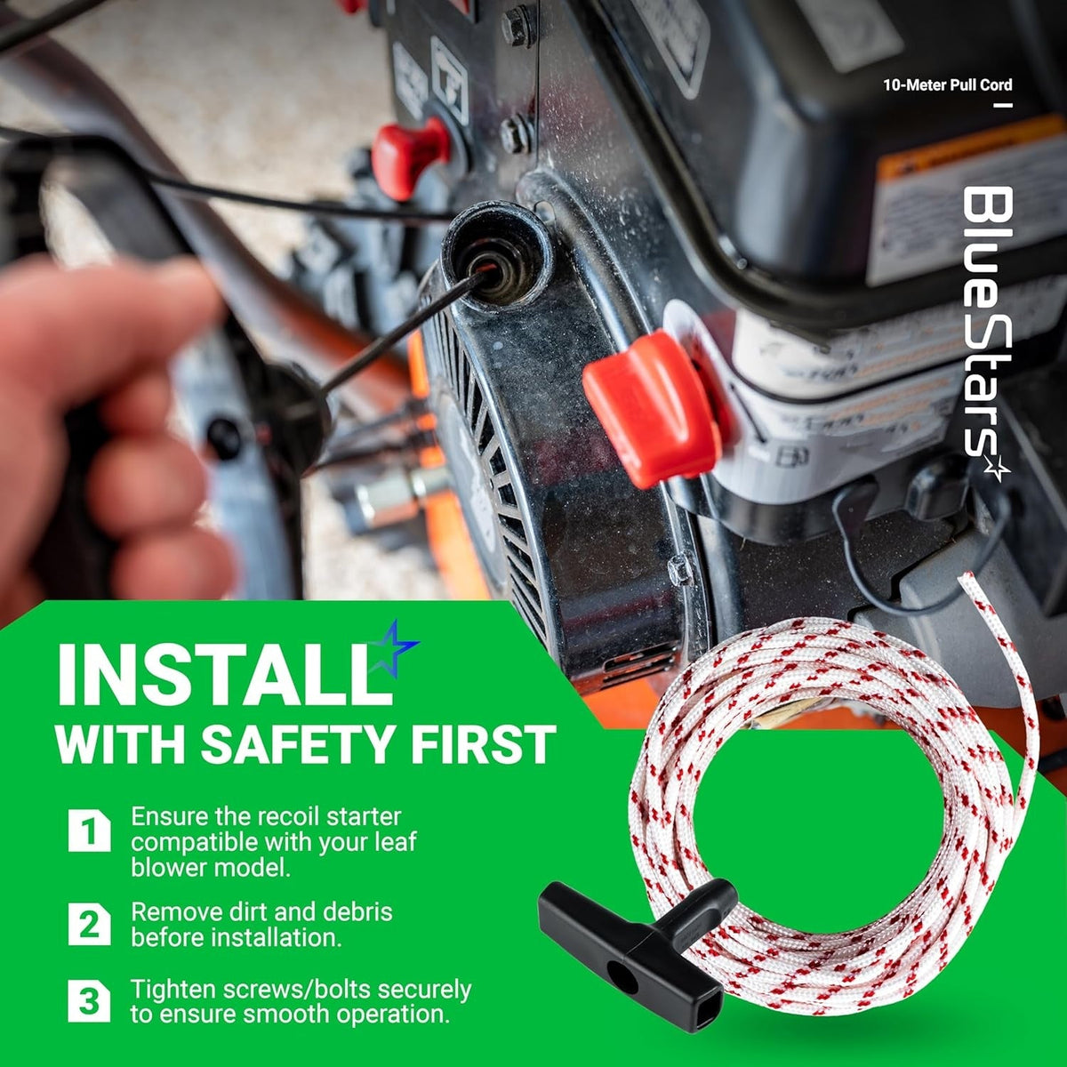 Instructional graphic showing 3.0mm recoil starter rope and handle being installed on a small engine.