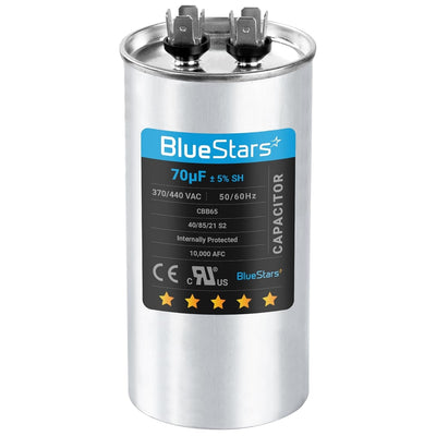 BlueStars 70 uF 370/440 VAC round run capacitor with terminal connectors.