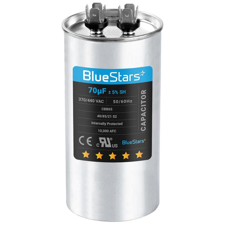 BlueStars 70 uF 370/440 VAC round run capacitor with terminal connectors.