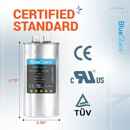 BlueStars 70uF 370/440 VAC round run capacitor with dimensions labeled 4.73 inches height and 2.36 inches diameter.