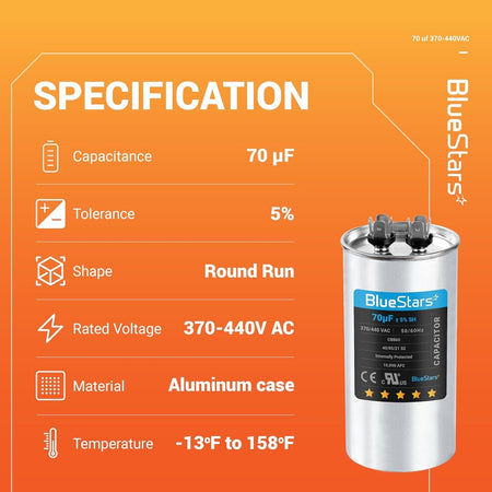 Specification chart for 70 uF 370/440 VAC round run capacitor with technical details and product image.