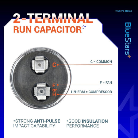 Top view of 70 uF round run capacitor showing 2-terminal layout with Common, Fan, and Hermetic compressor labels.