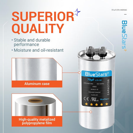 Infographic showing 70 uF 370/440 VAC round run capacitor features including aluminum case and metalized film construction.