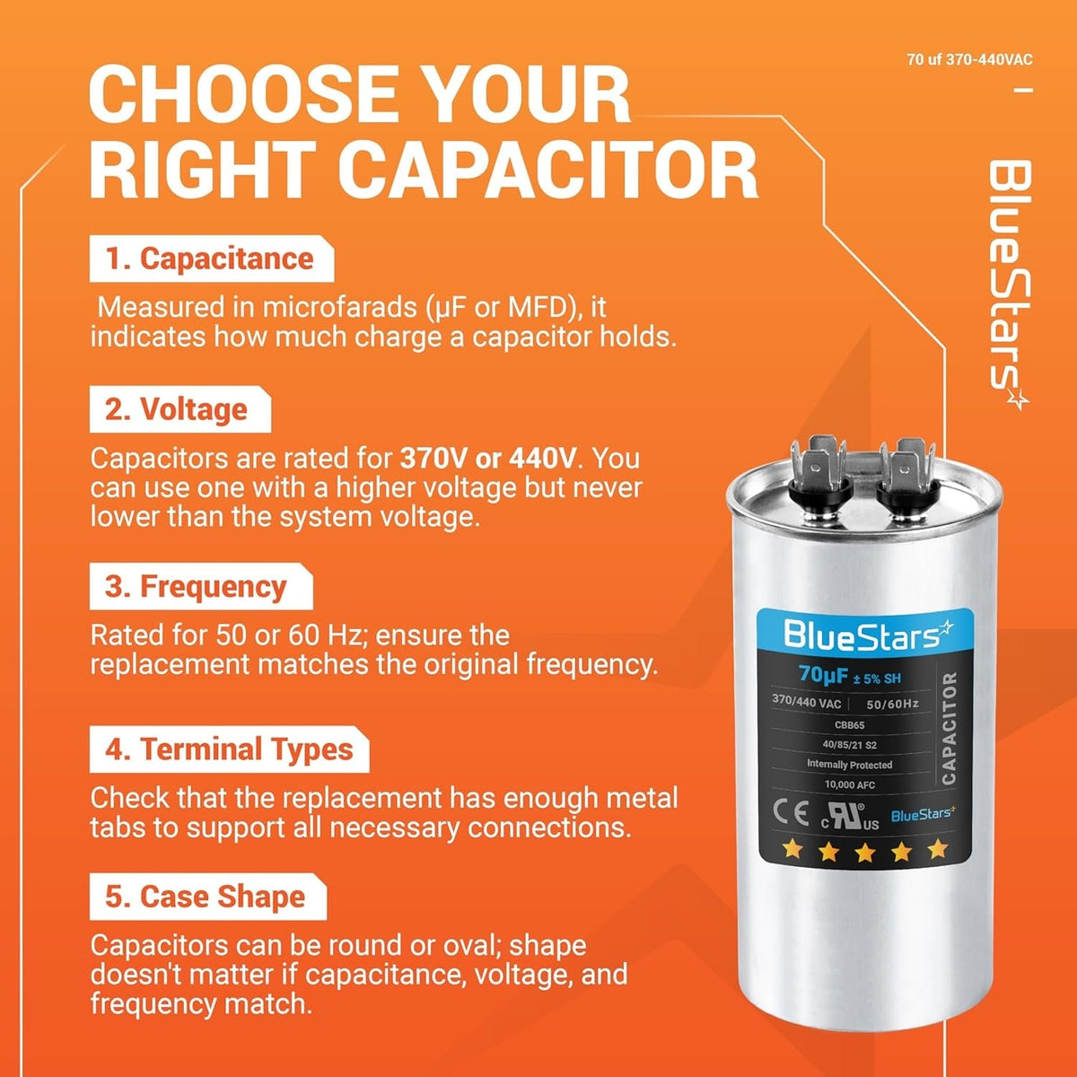 Informational guide on choosing a 70 uF 370/440 VAC round run capacitor with product specifications.