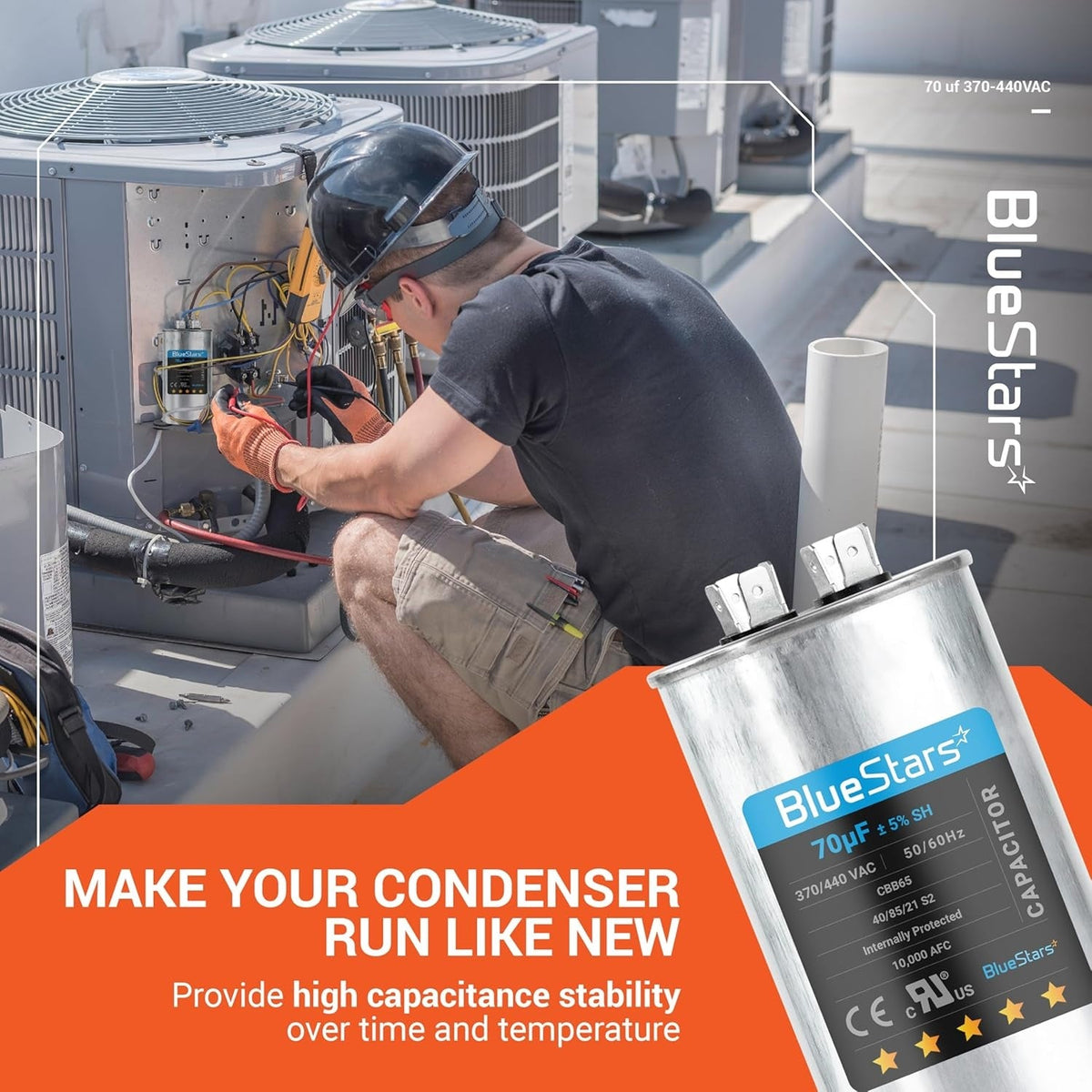 BlueStars 70 uF 370/440 VAC round run capacitor shown in a promotional graphic with an HVAC technician.