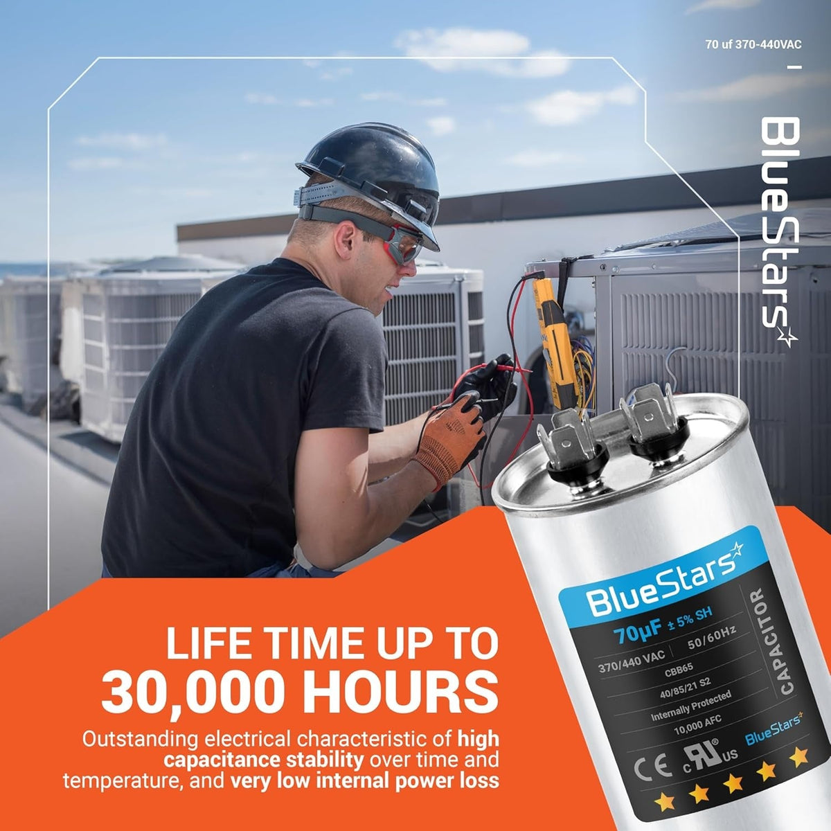 70 uF 370/440 VAC round run capacitor for AC electric systems with technician performing maintenance in background.