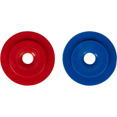 Red and blue UWF restrictor disks for pool cleaners side by side.