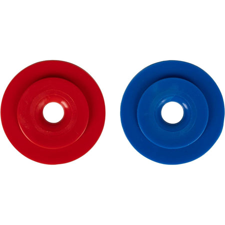 Red and blue UWF restrictor disks for pool cleaners side by side.