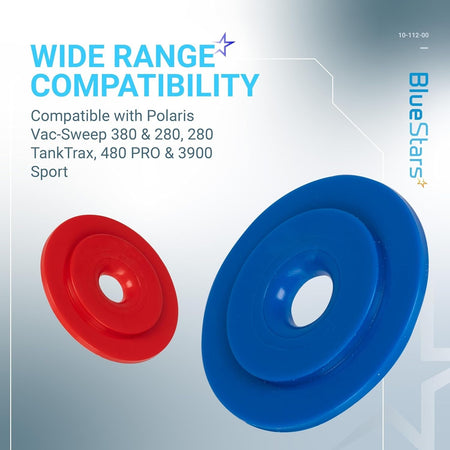 Red and blue UWF restrictor disks for Polaris pool cleaners on a compatibility information background.