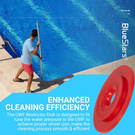 Red UWF restrictor disk for pool cleaner, designed to regulate water pressure for efficient cleaning performance.