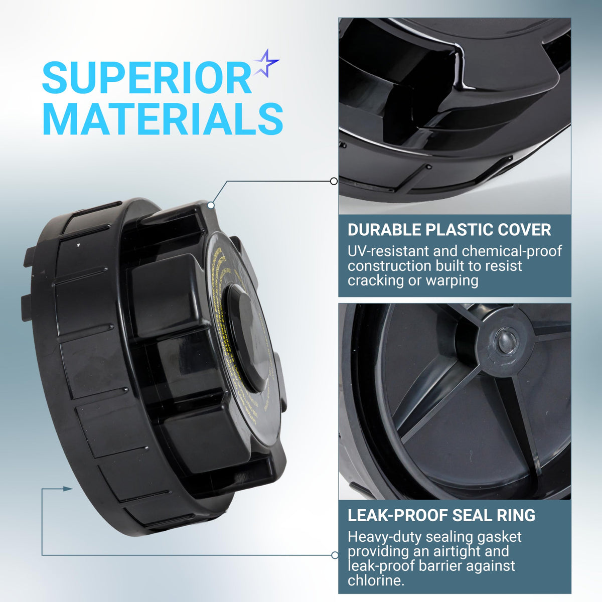 Infographic showing heavy-duty ABS plastic chlorinator cover for Hayward CL200 and CL220 feeders with seal ring details.