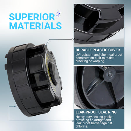 Infographic showing heavy-duty ABS plastic chlorinator cover for Hayward CL200 and CL220 feeders with seal ring details.