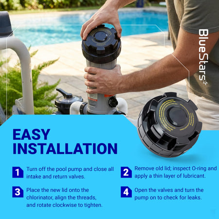 Installation guide for Hayward CL200 CL220 chlorinator cover showing steps to replace the heavy-duty ABS plastic lid.