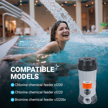 Heavy-duty ABS plastic chlorinator feeder compatible with Hayward CL200 and CL220 models.